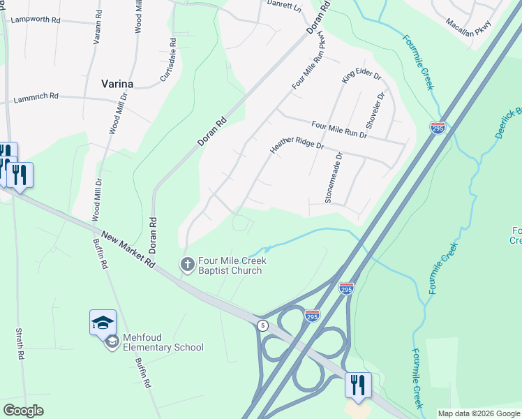map of restaurants, bars, coffee shops, grocery stores, and more near 8216 Heather Ridge Court in Richmond