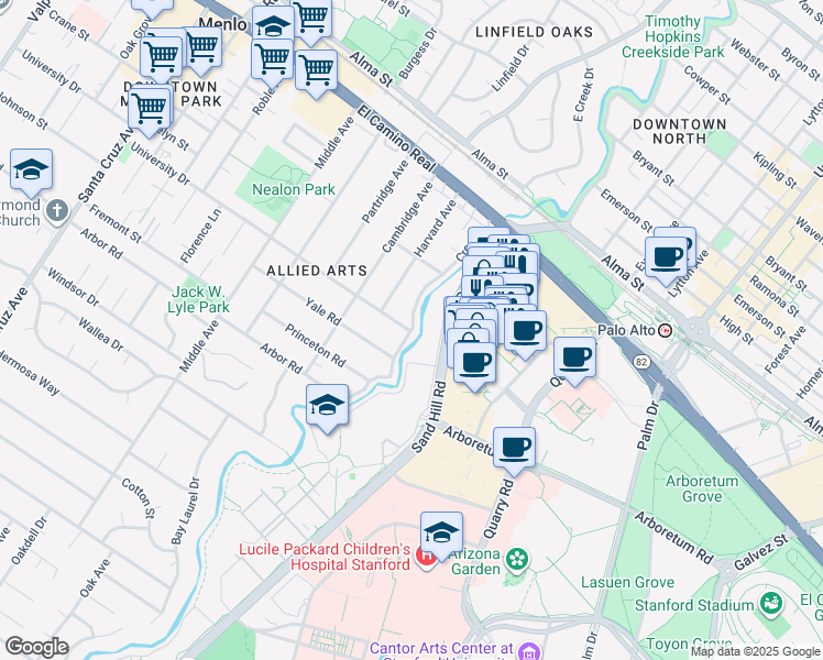 map of restaurants, bars, coffee shops, grocery stores, and more near University Drive & Creek Drive in Menlo Park