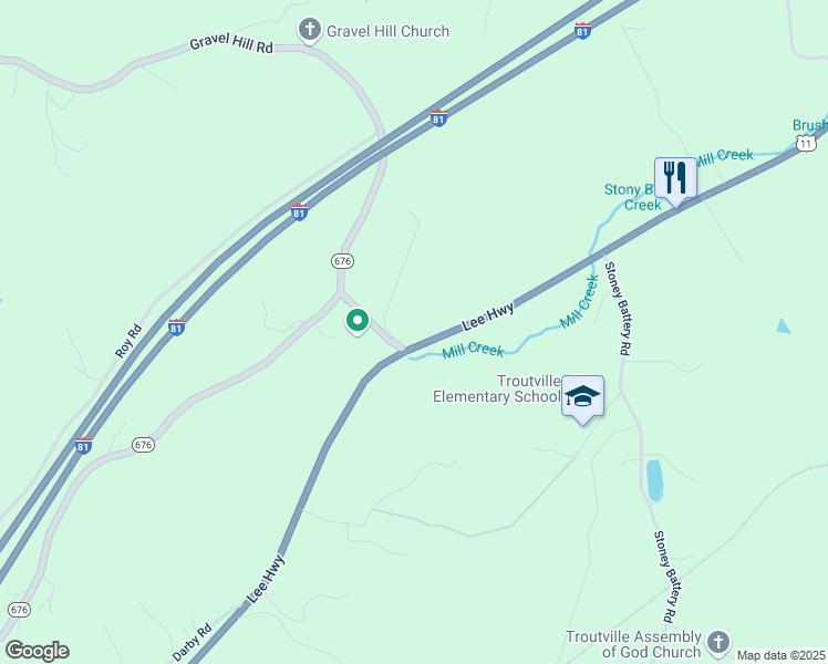 map of restaurants, bars, coffee shops, grocery stores, and more near 7559 Lee Highway in Troutville