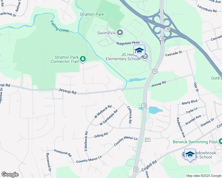 map of restaurants, bars, coffee shops, grocery stores, and more near 5300 Jessup Road in Richmond