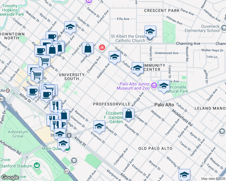 map of restaurants, bars, coffee shops, grocery stores, and more near 535 Kingsley Avenue in Palo Alto