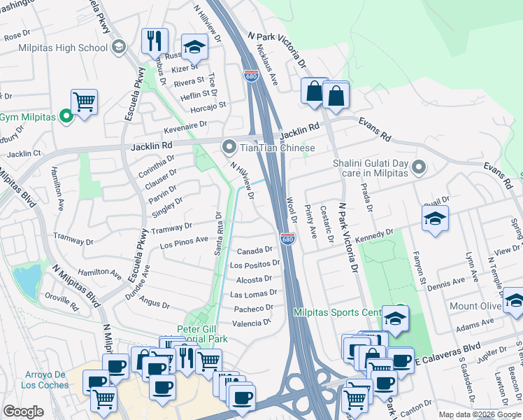 map of restaurants, bars, coffee shops, grocery stores, and more near 584 North Hillview Drive in Milpitas