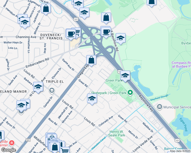 map of restaurants, bars, coffee shops, grocery stores, and more near 1074 Moreno Avenue in Palo Alto
