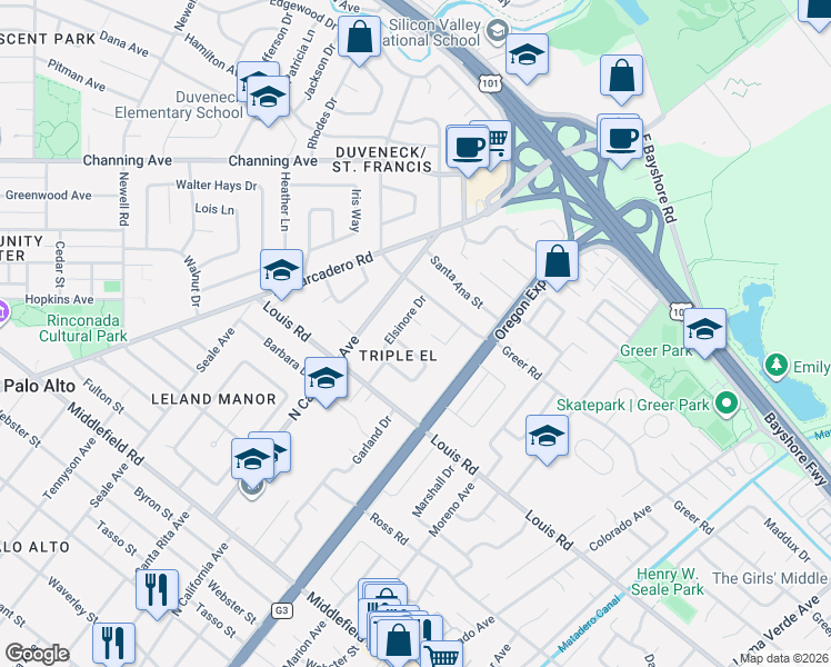 map of restaurants, bars, coffee shops, grocery stores, and more near 982 El Cajon Way in Palo Alto