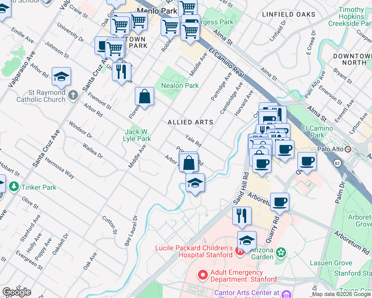 map of restaurants, bars, coffee shops, grocery stores, and more near 241 Princeton Road in Menlo Park