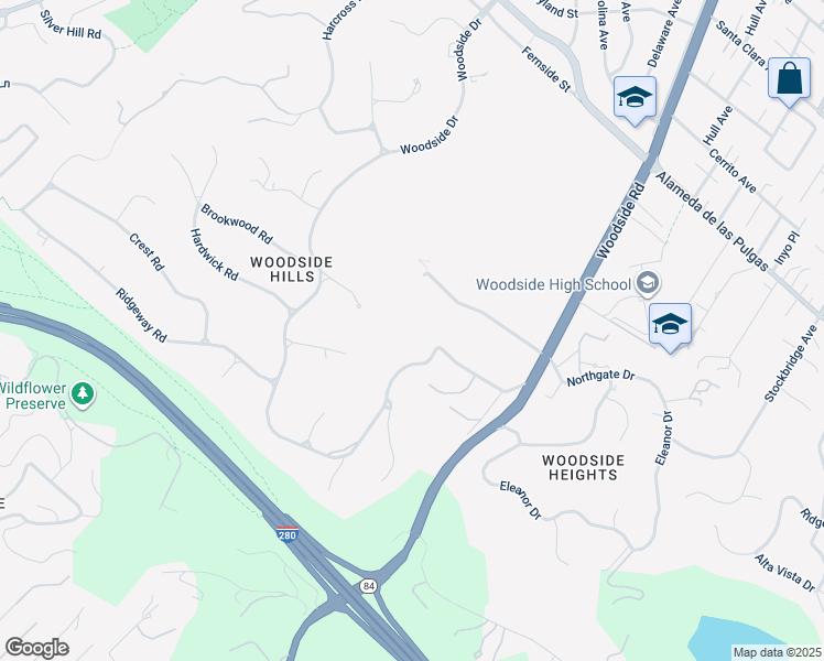 map of restaurants, bars, coffee shops, grocery stores, and more near 941 High Road in Woodside