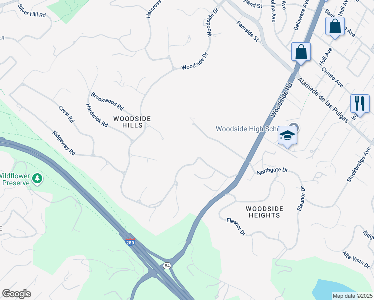 map of restaurants, bars, coffee shops, grocery stores, and more near 941 High Road in Woodside
