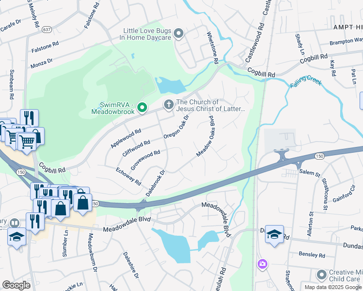 map of restaurants, bars, coffee shops, grocery stores, and more near 3524 Evergreen Oak Court in Richmond