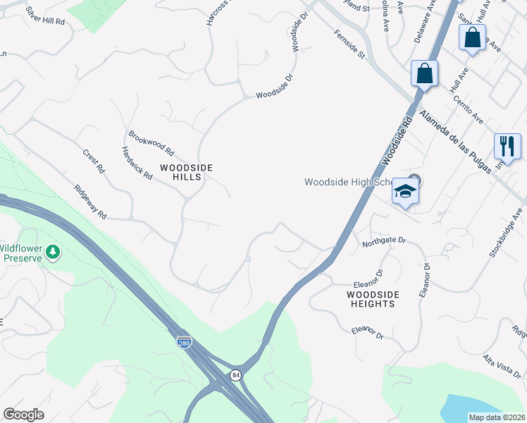 map of restaurants, bars, coffee shops, grocery stores, and more near 851 Woodside Drive in Woodside