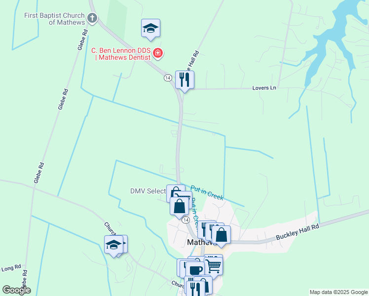 map of restaurants, bars, coffee shops, grocery stores, and more near Buckley Hall Road in Mathews