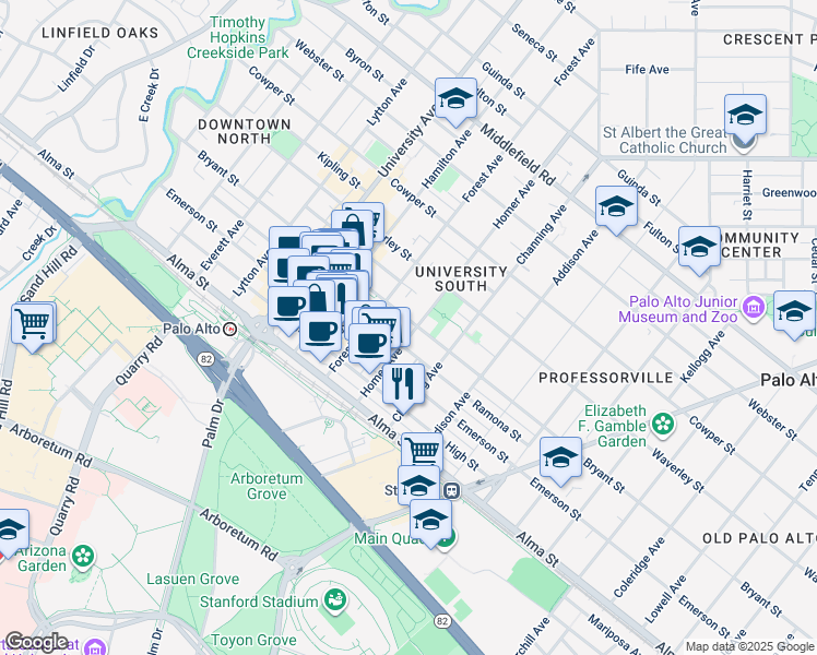 map of restaurants, bars, coffee shops, grocery stores, and more near 770 Bryant Street in Palo Alto