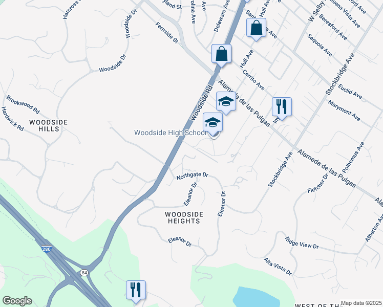 map of restaurants, bars, coffee shops, grocery stores, and more near 50 Buck Court in Woodside