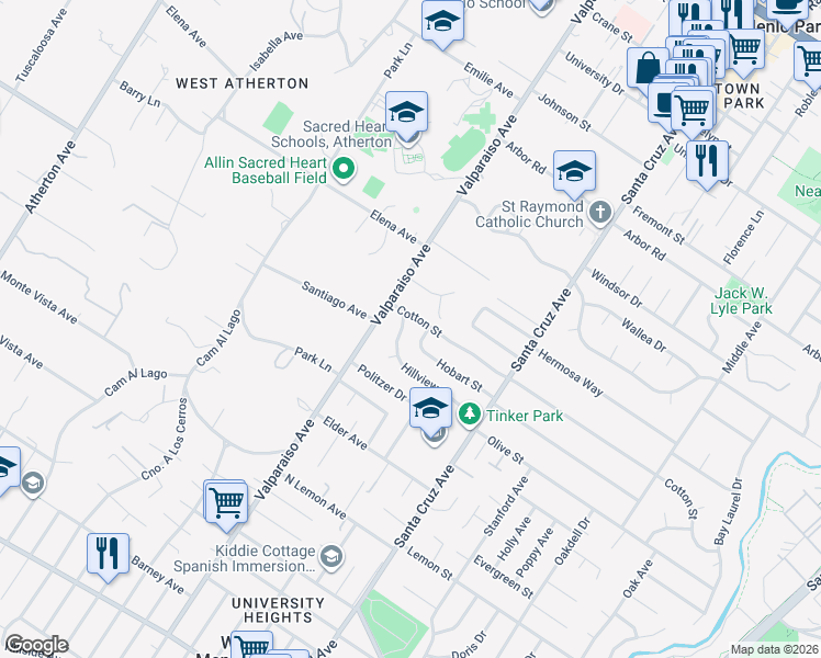 map of restaurants, bars, coffee shops, grocery stores, and more near 1360 Hillview Drive in Menlo Park