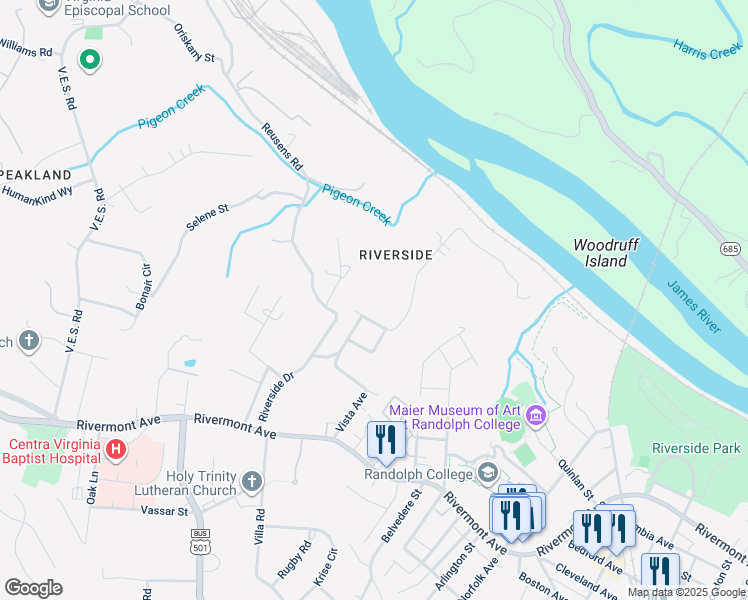 map of restaurants, bars, coffee shops, grocery stores, and more near 421 Cool Springs Drive in Lynchburg