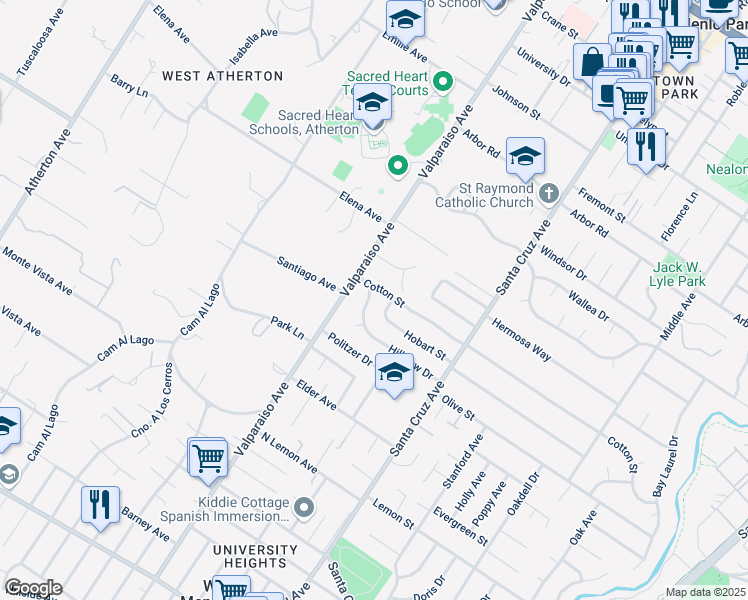 map of restaurants, bars, coffee shops, grocery stores, and more near 1360 Hillview Drive in Menlo Park
