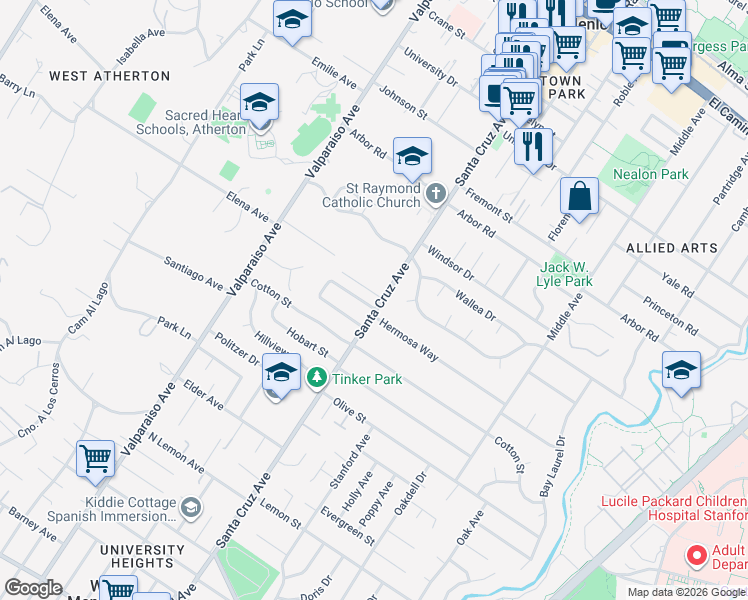 map of restaurants, bars, coffee shops, grocery stores, and more near 1278 Santa Cruz Avenue in Menlo Park
