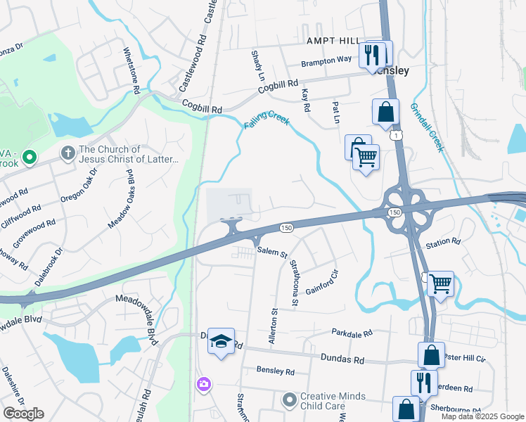 map of restaurants, bars, coffee shops, grocery stores, and more near 6110 Cricklewood Drive in Richmond