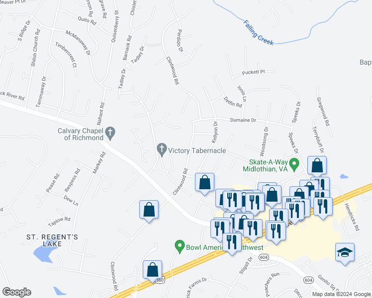 map of restaurants, bars, coffee shops, grocery stores, and more near 3300 Clintwood Road in Midlothian