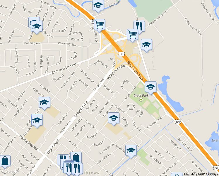 map of restaurants, bars, coffee shops, grocery stores, and more near 2527 Greer Road in Palo Alto