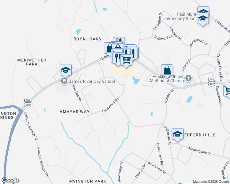 map of restaurants, bars, coffee shops, grocery stores, and more near 2029-2099 Longwood Rd in Lynchburg