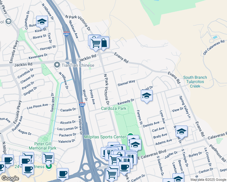 map of restaurants, bars, coffee shops, grocery stores, and more near 1349 Guerrero Court in Milpitas