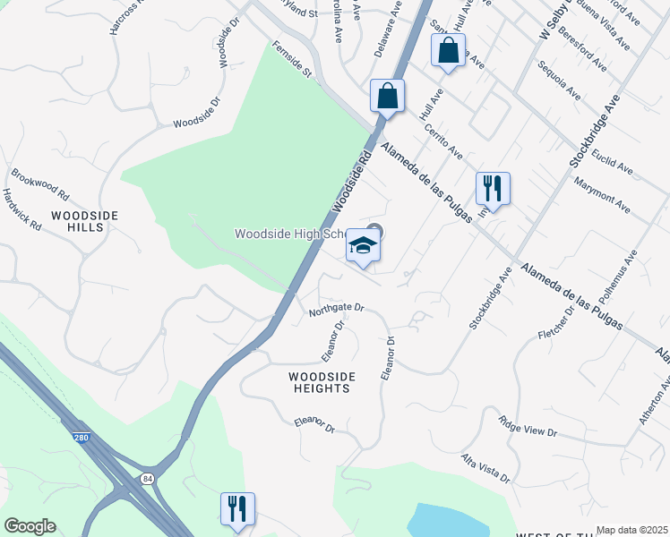 map of restaurants, bars, coffee shops, grocery stores, and more near 50 Buck Court in Woodside