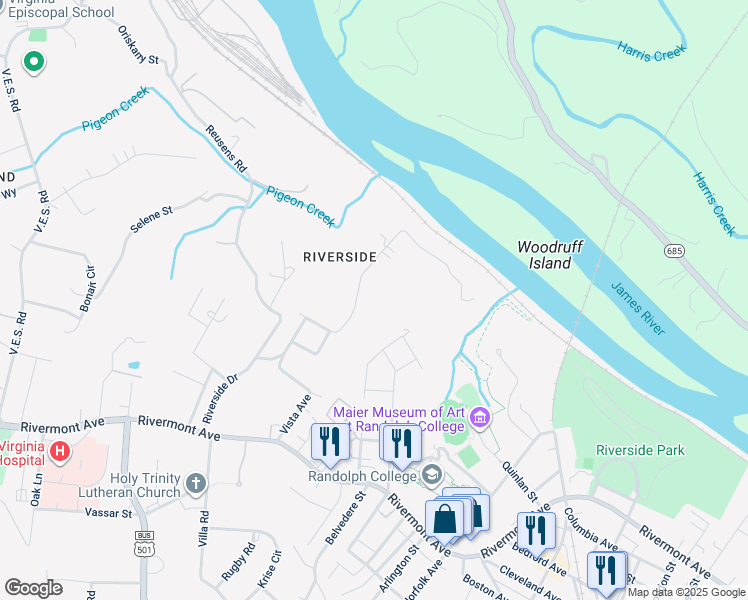 map of restaurants, bars, coffee shops, grocery stores, and more near 309 Hester Avenue in Lynchburg