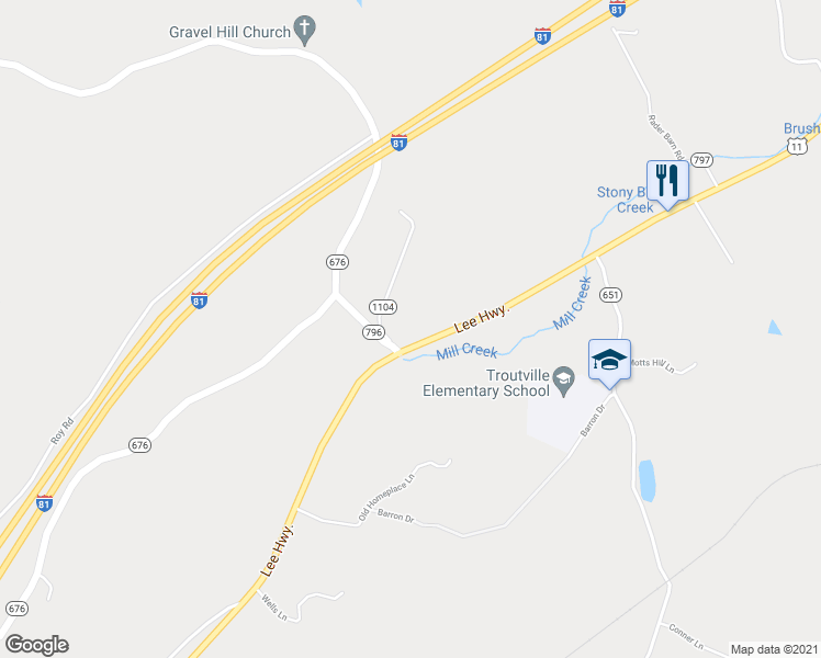 map of restaurants, bars, coffee shops, grocery stores, and more near 7559 Lee Highway in Troutville