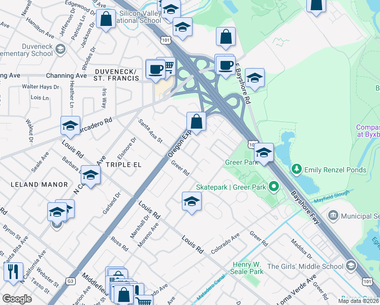 map of restaurants, bars, coffee shops, grocery stores, and more near 2527 Greer Road in Palo Alto
