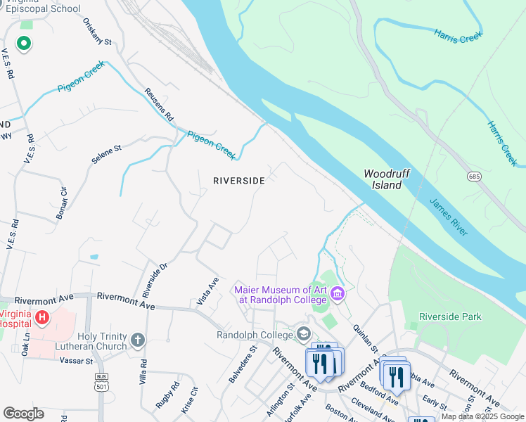 map of restaurants, bars, coffee shops, grocery stores, and more near 309 Hester Avenue in Lynchburg