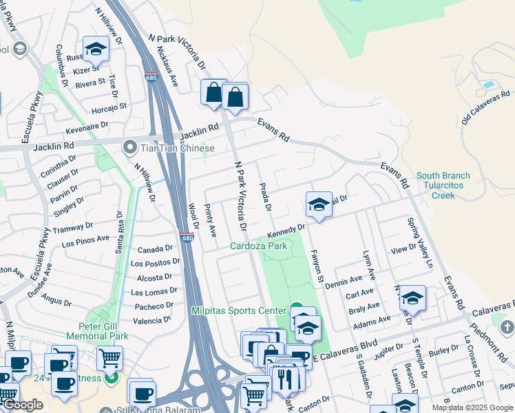 map of restaurants, bars, coffee shops, grocery stores, and more near 1351 Admire Court in Milpitas