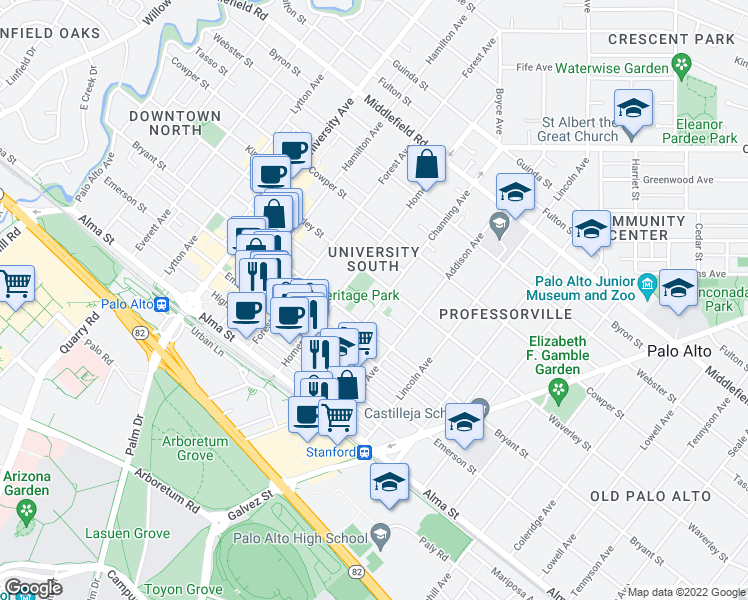 map of restaurants, bars, coffee shops, grocery stores, and more near 355 Channing Avenue in Palo Alto
