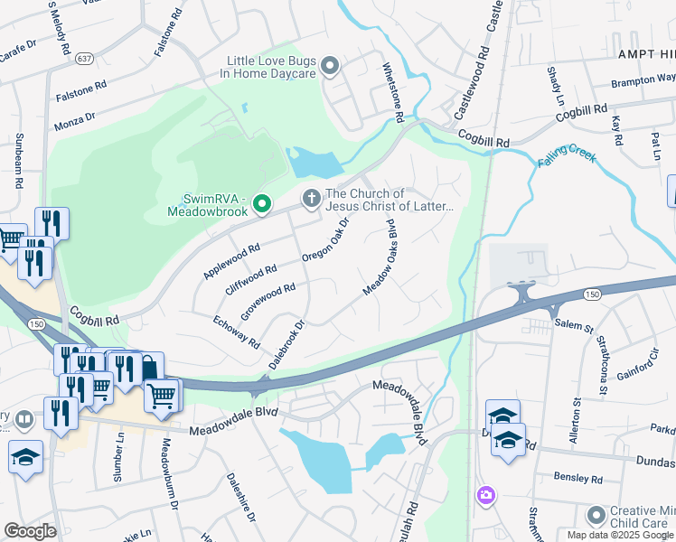 map of restaurants, bars, coffee shops, grocery stores, and more near 3524 Evergreen Oak Court in Richmond