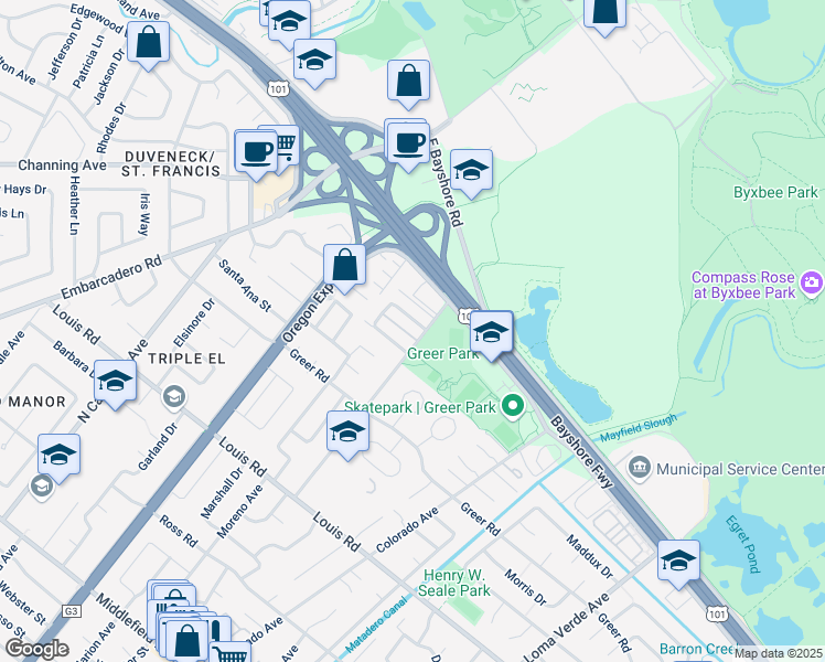 map of restaurants, bars, coffee shops, grocery stores, and more near 1094 Tanland Drive in Palo Alto