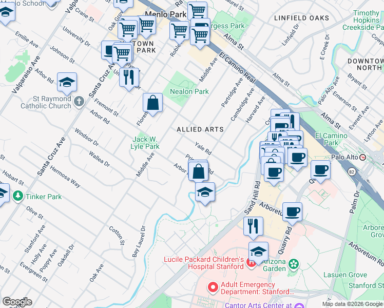 map of restaurants, bars, coffee shops, grocery stores, and more near 241 Princeton Road in Menlo Park