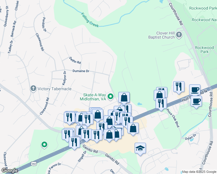 map of restaurants, bars, coffee shops, grocery stores, and more near 3206 Speeks Drive in Midlothian