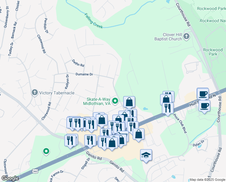 map of restaurants, bars, coffee shops, grocery stores, and more near 3206 Speeks Drive in Midlothian
