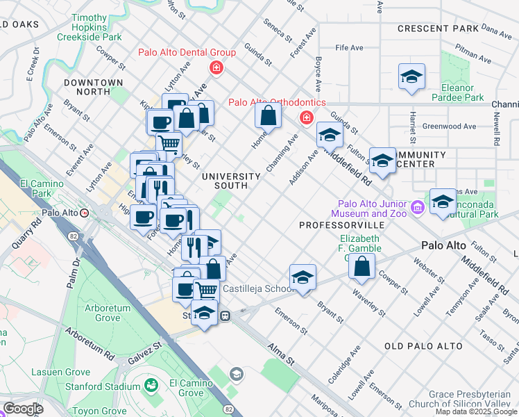 map of restaurants, bars, coffee shops, grocery stores, and more near 933 Waverley Street in Palo Alto