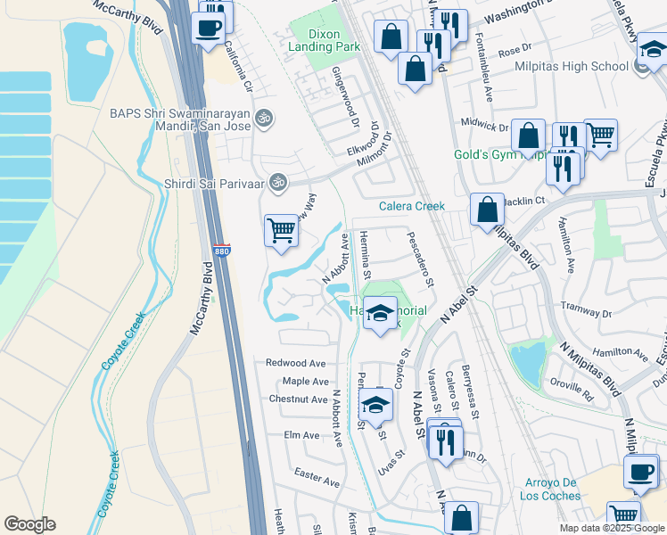 map of restaurants, bars, coffee shops, grocery stores, and more near 1151 North Abbott Avenue in Milpitas