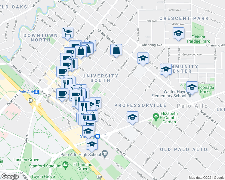 map of restaurants, bars, coffee shops, grocery stores, and more near 1010 Waverley Street in Palo Alto