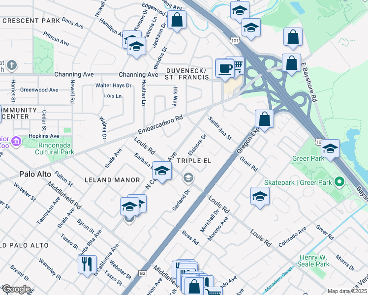 map of restaurants, bars, coffee shops, grocery stores, and more near 946 North California Avenue in Palo Alto