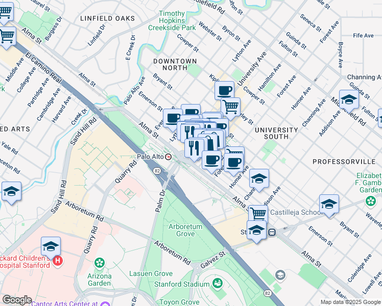 map of restaurants, bars, coffee shops, grocery stores, and more near 525 Alma Street in Palo Alto