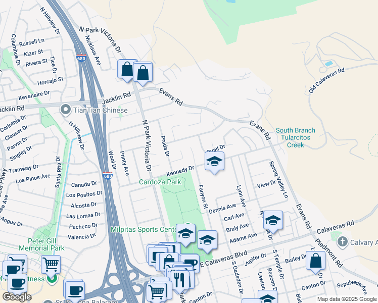 map of restaurants, bars, coffee shops, grocery stores, and more near 521 Topham Court in Milpitas