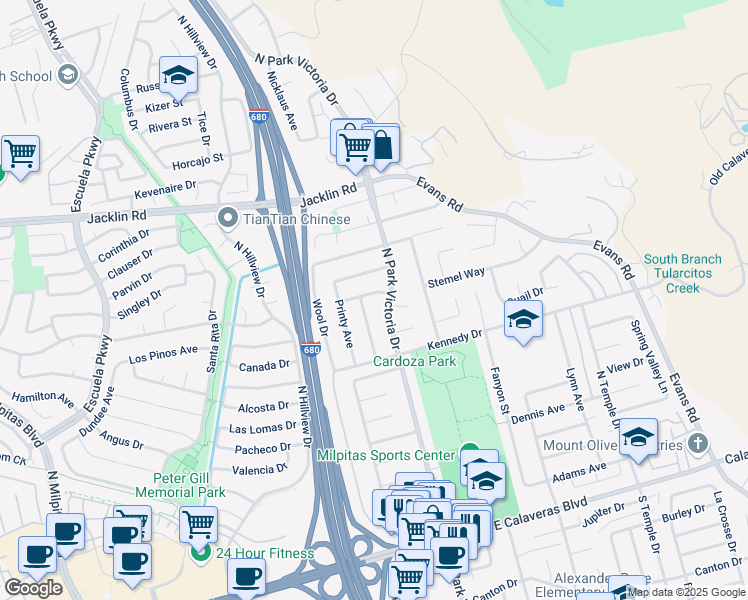 map of restaurants, bars, coffee shops, grocery stores, and more near 1240 Torres Avenue in Milpitas
