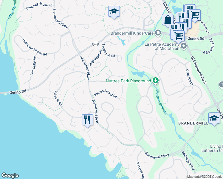 map of restaurants, bars, coffee shops, grocery stores, and more near 3204 Barnes Spring Court in Midlothian