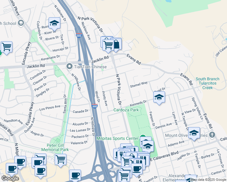 map of restaurants, bars, coffee shops, grocery stores, and more near 1240 Torres Avenue in Milpitas