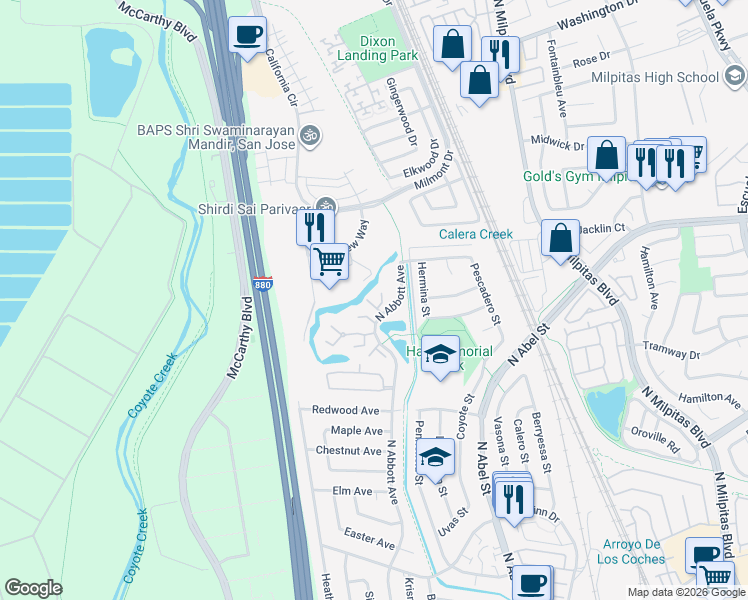 map of restaurants, bars, coffee shops, grocery stores, and more near 1198 North Abbott Avenue in Milpitas
