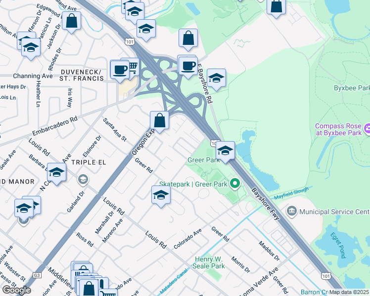 map of restaurants, bars, coffee shops, grocery stores, and more near 107 Tanland Drive in Palo Alto