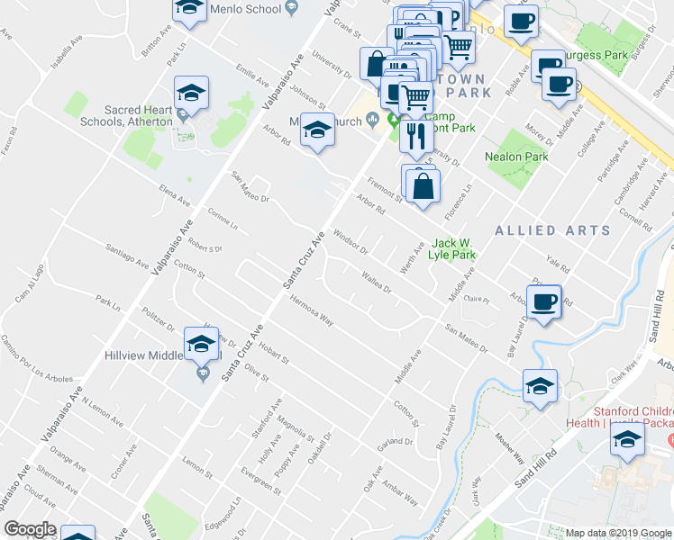 map of restaurants, bars, coffee shops, grocery stores, and more near 10 Cheryl Place in Menlo Park