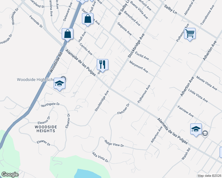 map of restaurants, bars, coffee shops, grocery stores, and more near 2 Alameda de las Pulgas in Atherton